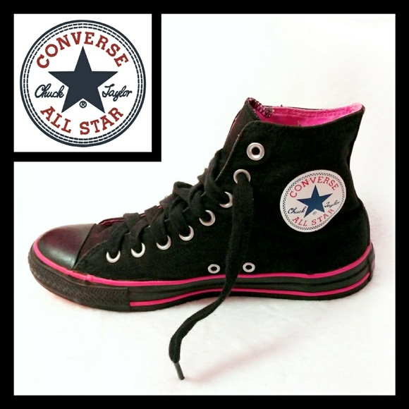 Converse Shoes - Converse All Black and Hot Pink High Top Sneakers